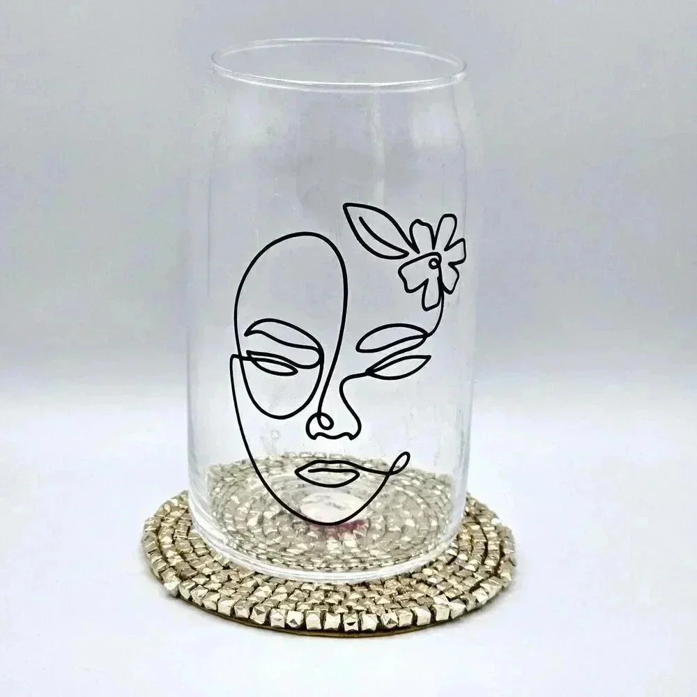 Face Flower Asymmetrical Line 16oz Beer Can Glass Cup NWT